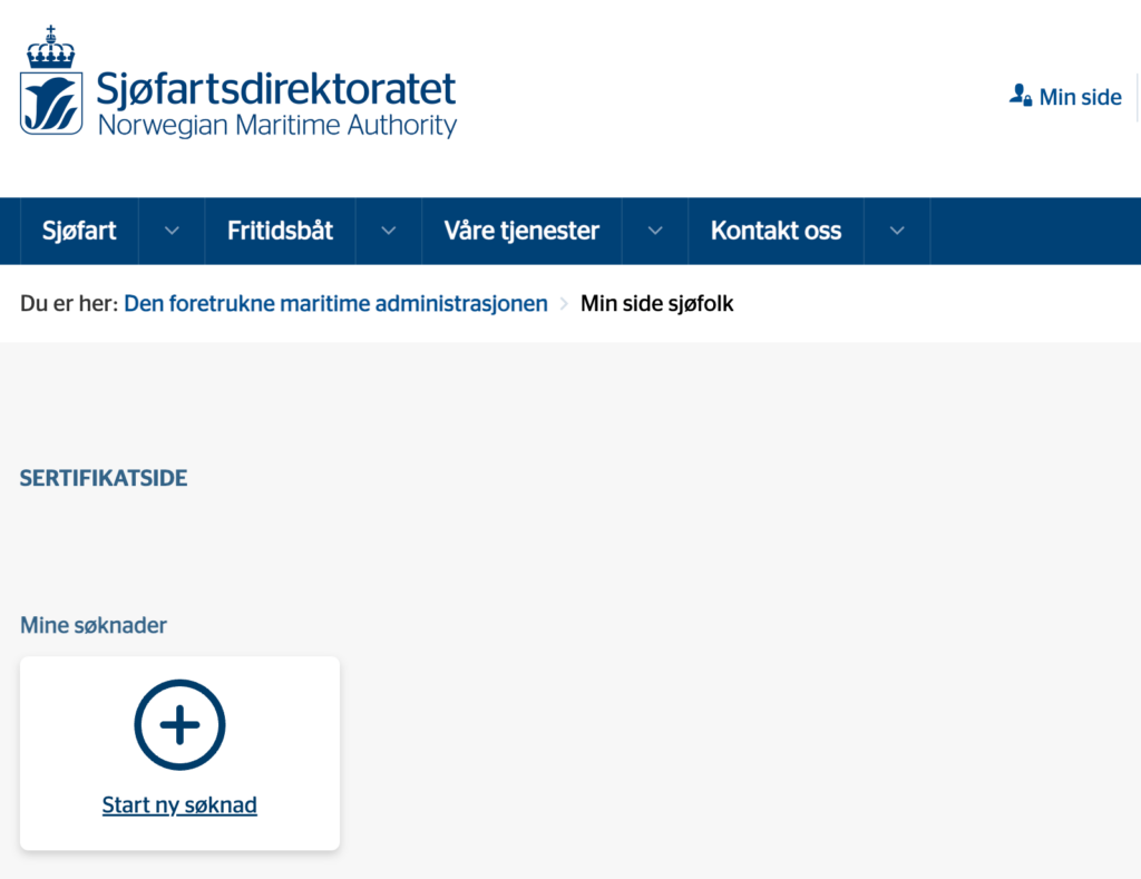 Skjermbilde av Sjøfartsdirektoratet, Mins side, Start søknad sertifikater.