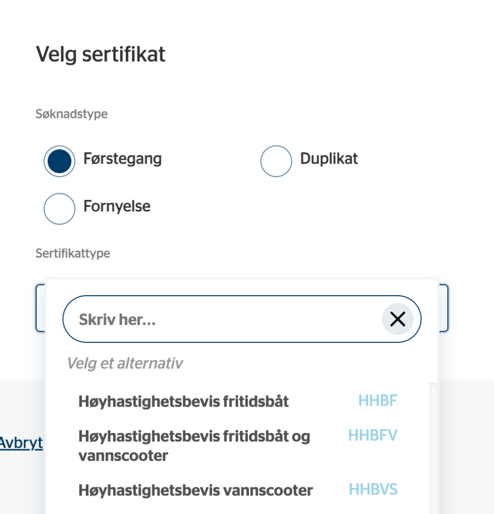 Velg sertifikat Høyhastighetsbevis Skjermbilde