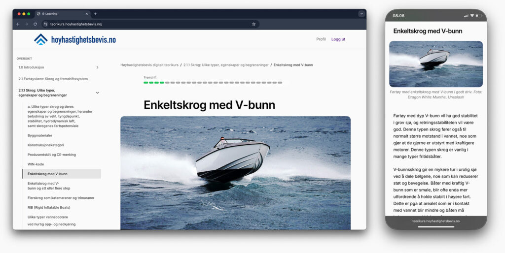 Teorikurs for høyhastighetsbevis, skjermbilder fra e-læringskurset, både desktop- og mobilversjon